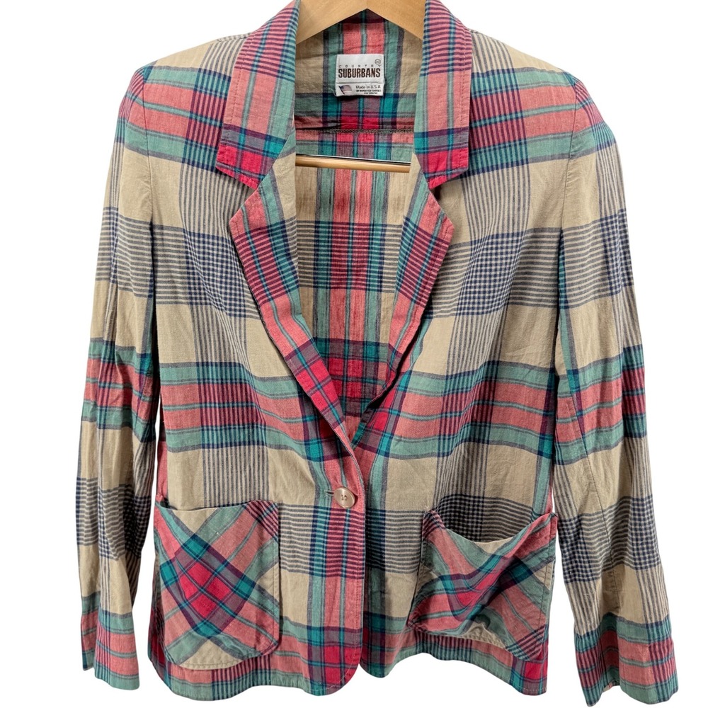 Vintage Country Suburbans Plaid Blazer USA‎ Made Casual Career One Button sz10